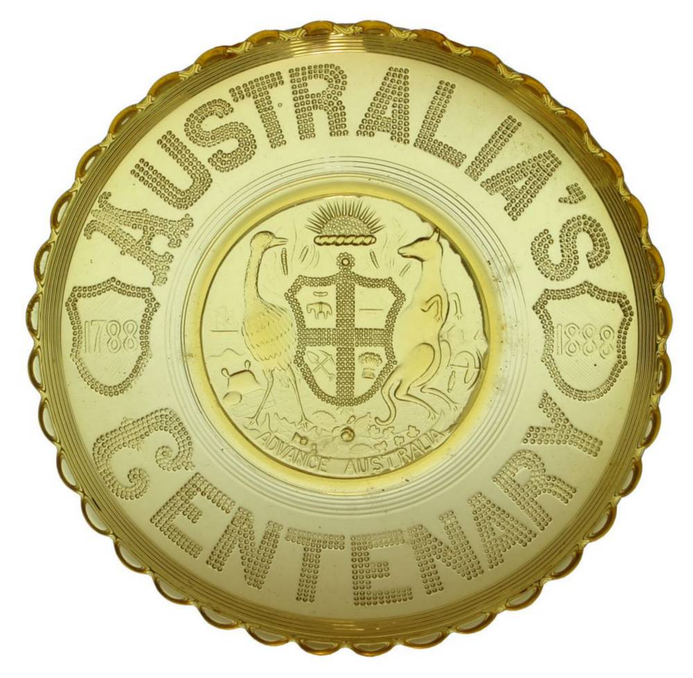 Pressed Amber Glass Australia's Centenary Coat Arms