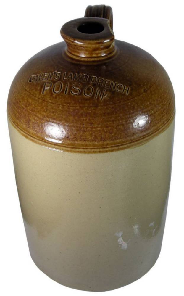 Owen's Lamb Drench Poison Stoneware Demijohn