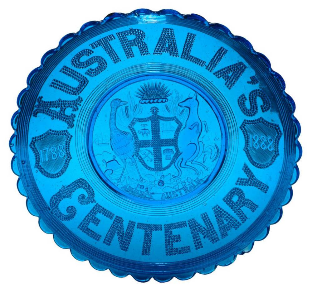 Pressed Blue Glass Australia's Centenary Coat Arms