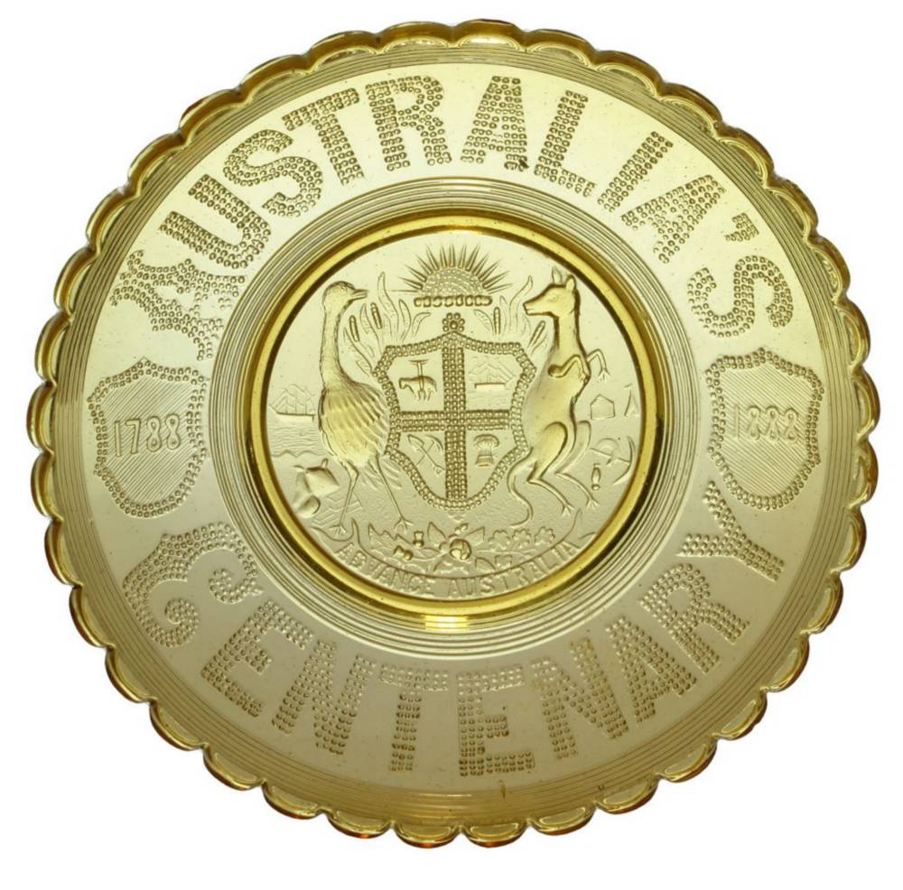 Pressed Amber Glass Australia's Centenary Coat Arms