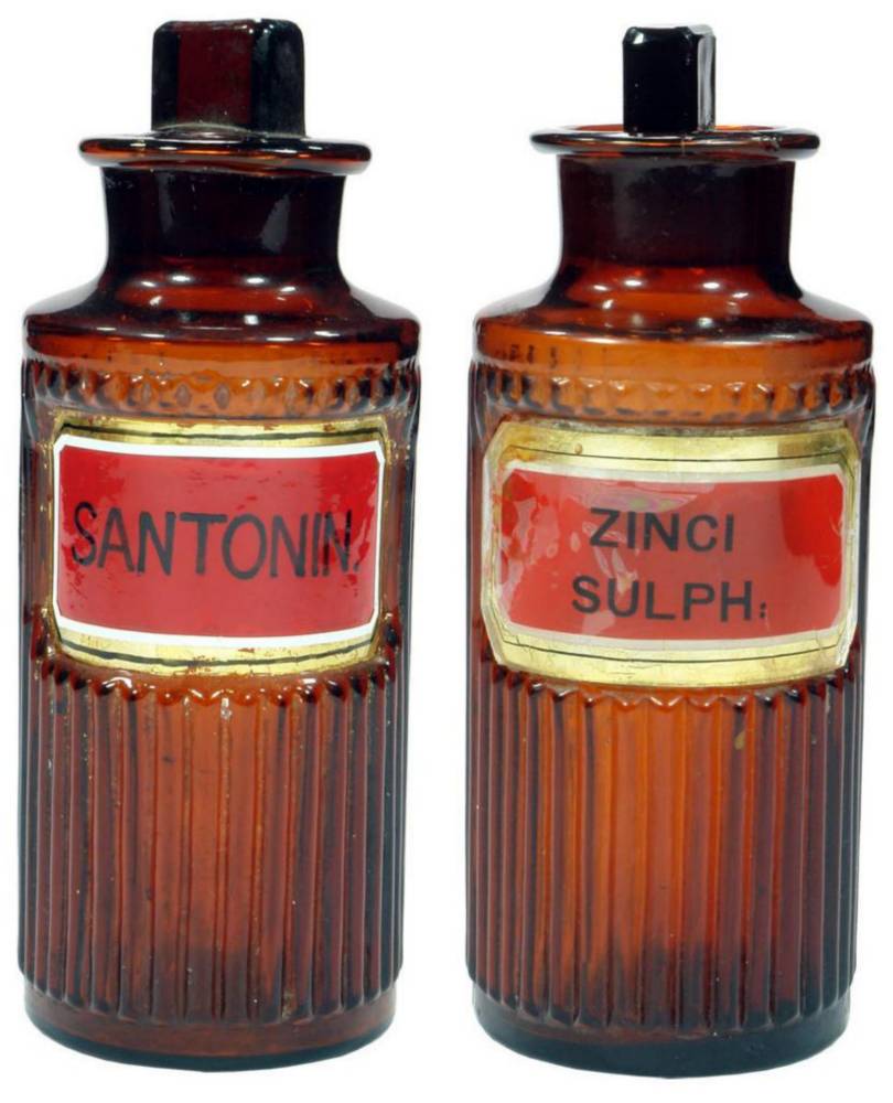 Santonin Zinci Sulph Amber Glass Pharmacy Jars
