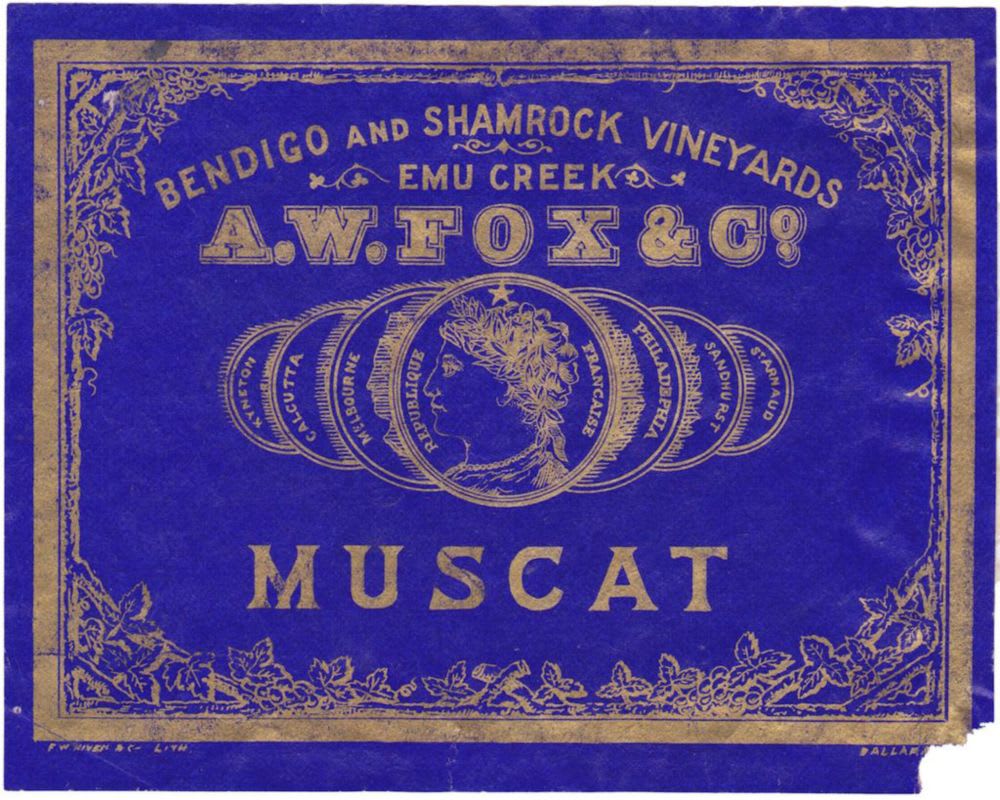 Fox Muscat Bendigo Shamrock Vineyards Emu Creek Label