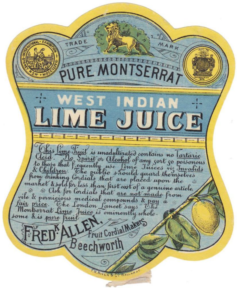 Fred Allen Beechworth Montserrat Lime Juice Label