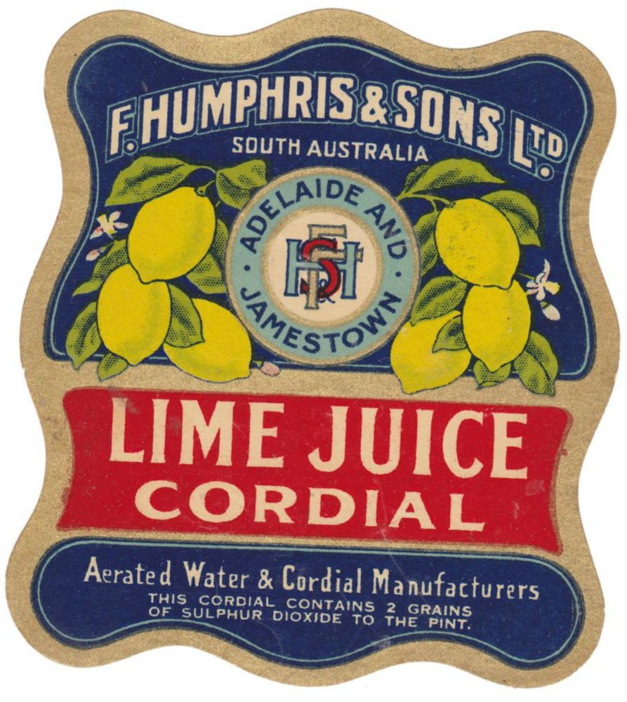 Humphris Adelaide Jamestown Lime Juice Cordial Label