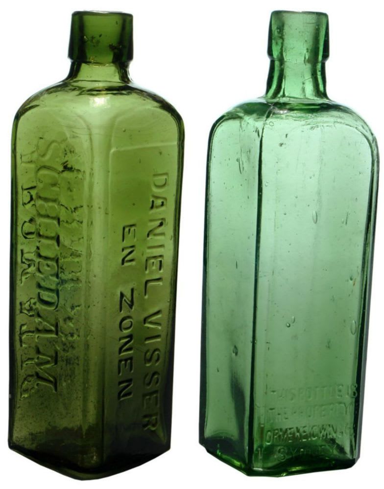 Collection Antique Green Glass Schnapps Bottles
