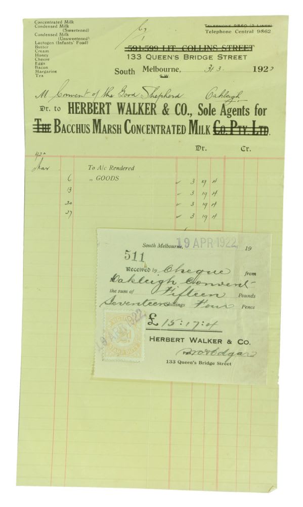 Herbert Walker Bacchus Marsh Concentrated Milk Invoice