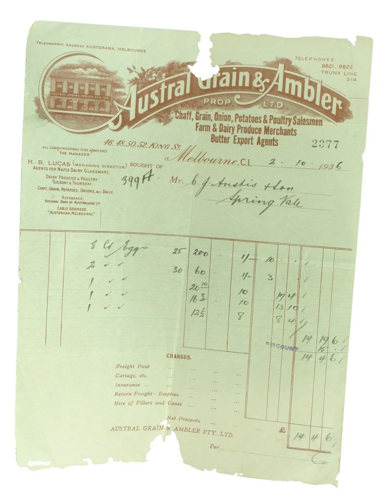 Austral Grain Ambler Dairy Merchants Melbourne Invoice