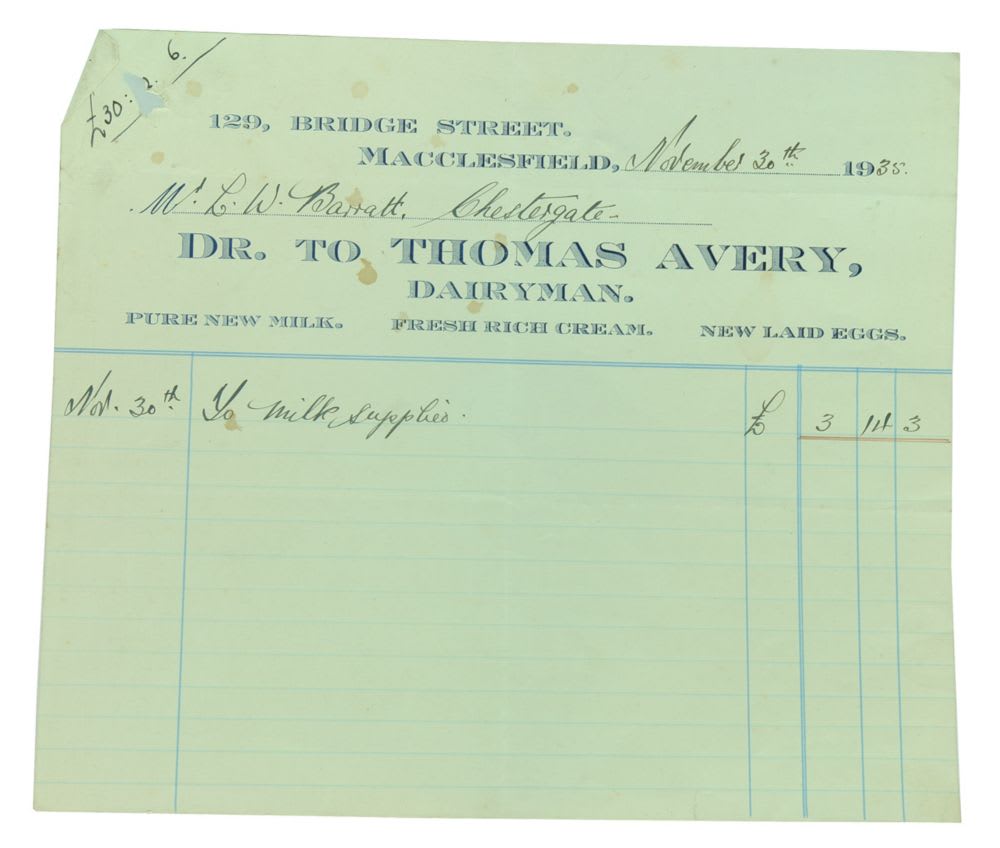 Thomas Avery Dairyman Macclesfield Paper Letterhead