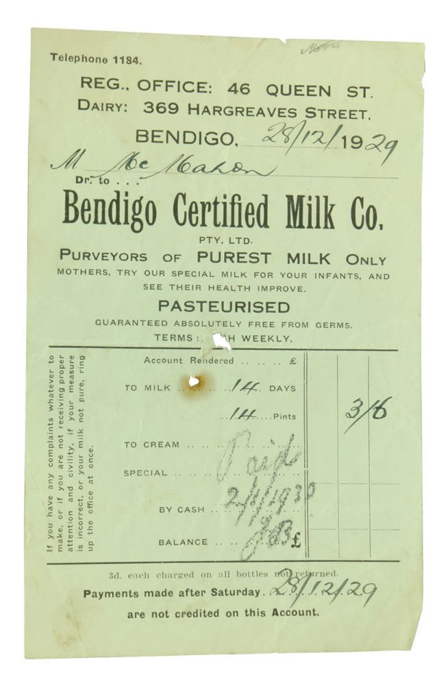 Bendigo Certified Milk Paper Letterhead Invoice