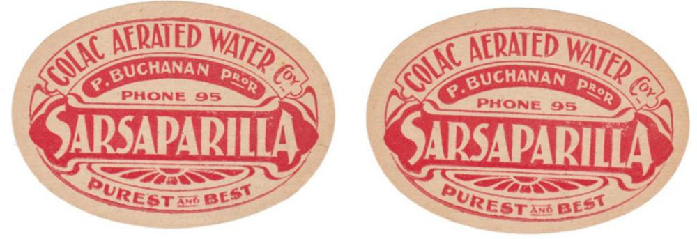 Colac Aerated Water Buchanan Sarsaparilla Labels