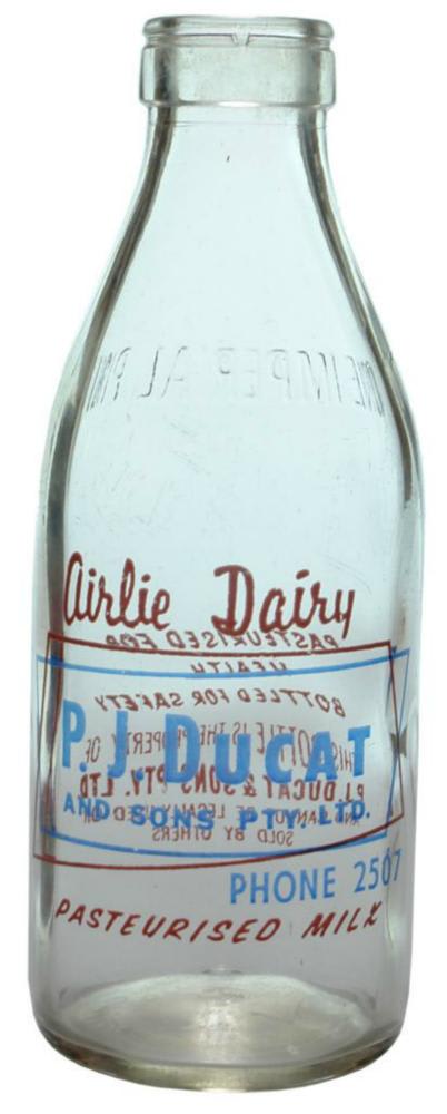 Airlie Dairy Ducat Shepparton Ceramic Label Milk Bottle