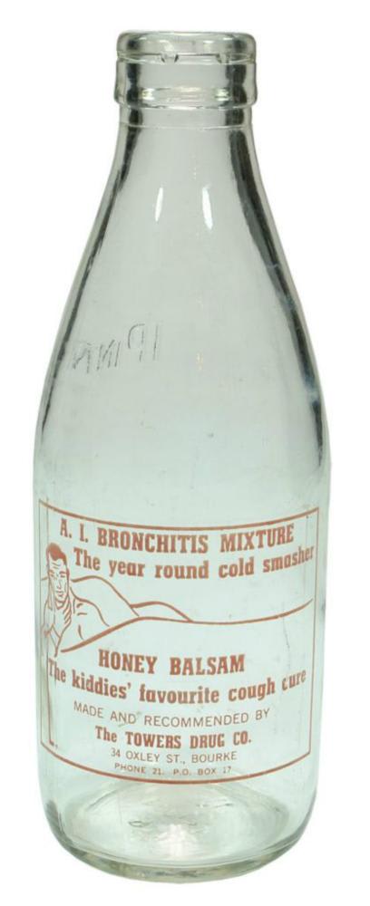 Bronchitis Cure Towers Drug Bourke Advertising Milk Bottle