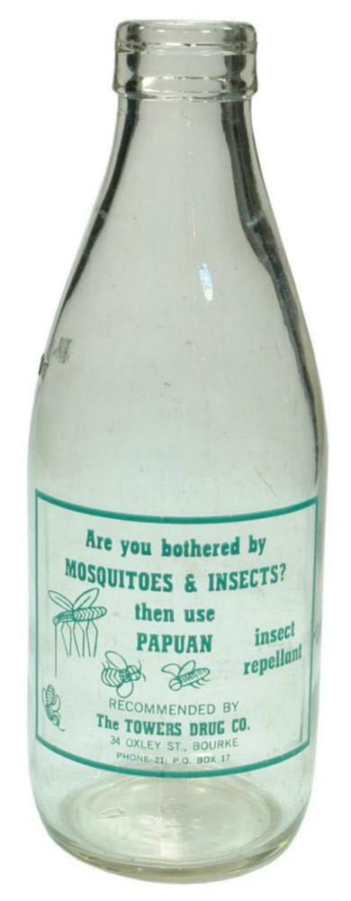 Papuan Insect Repellant Towers Drug Bourke Advertising Milk Bottle