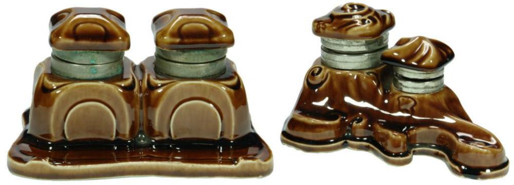 Moulded Pottery Brown Glaze Inkwells