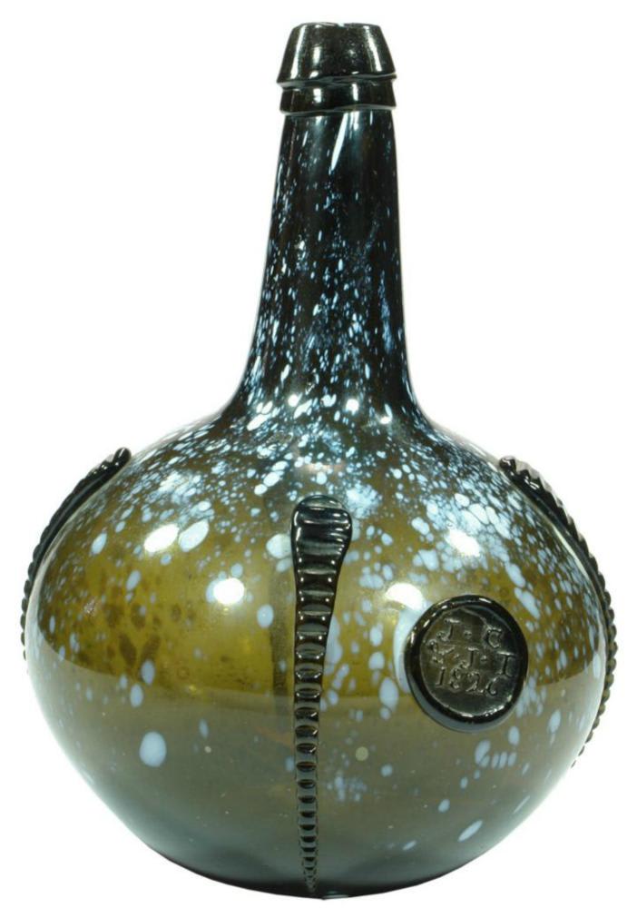 JCUJT 1826 Decorated Sealed Nailsea Glass Wine Bottle