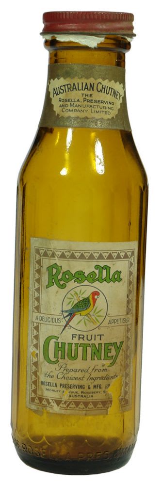 Vintage Brown Glass Labelled Rosella Chutney Bottle