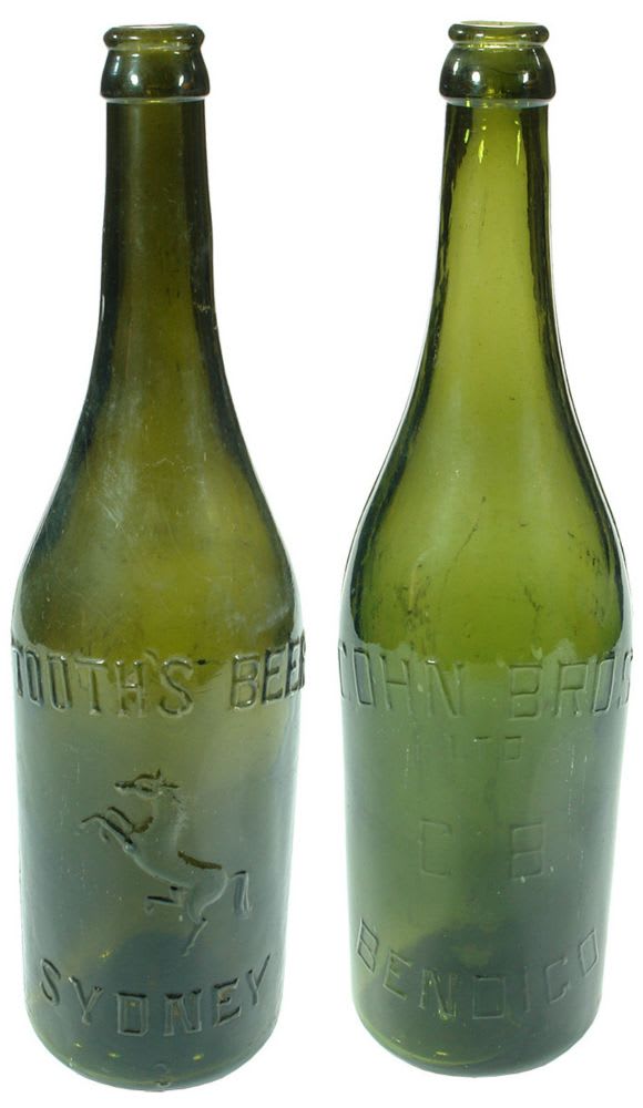Antique Green Glass Crown Seal Beer Bottles