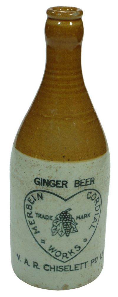 Merbein Cordial Works Chiselett Stoneware Ginger Beer Bottle