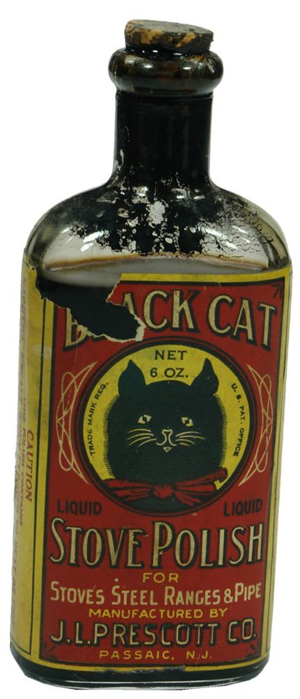 Black Cat Prescott Passaic Labelled Antique Bottle