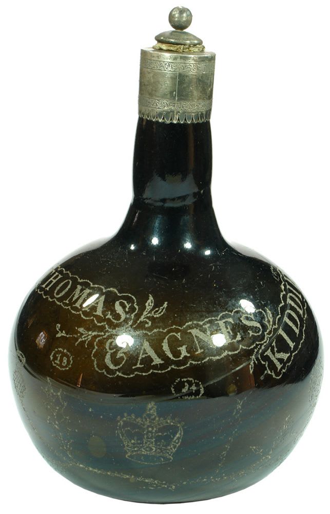 Thomas Agnes Kiddie 1834 Pontil Stippled Black Glass Bottle