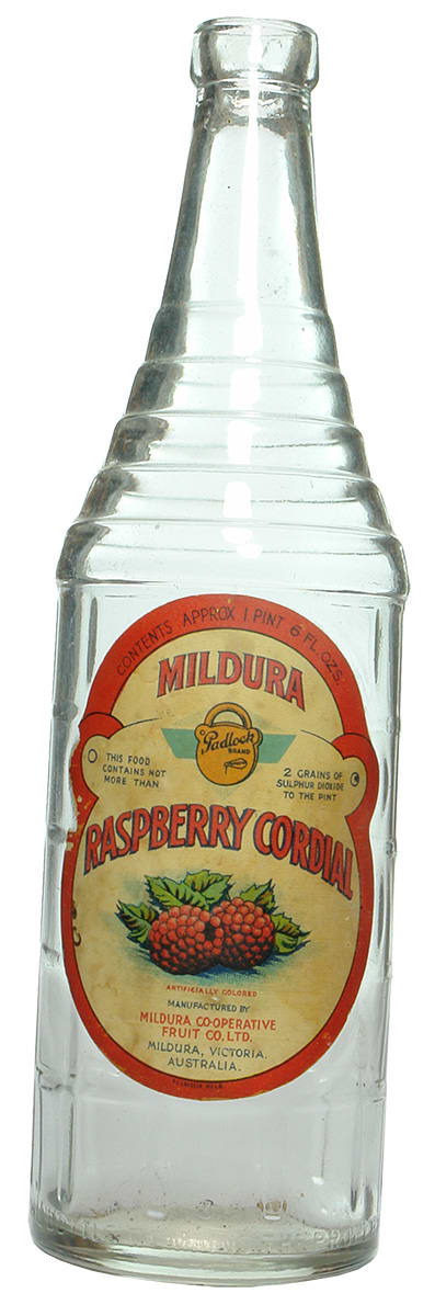 Mildura Cooperative Padlock Brand Raspberry Cordial Bottle