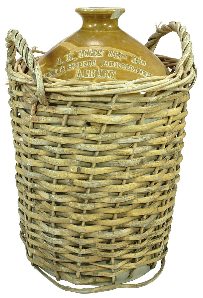 Mate Wine Spirit Merchants Albury Wicker basket Stoneware Demijohn