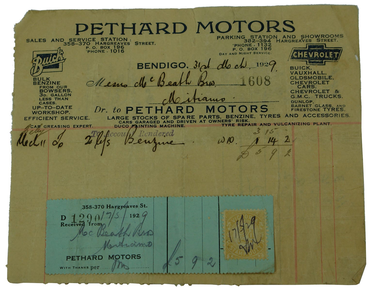 Pethard Motors Bendigo Billhead Ephemera