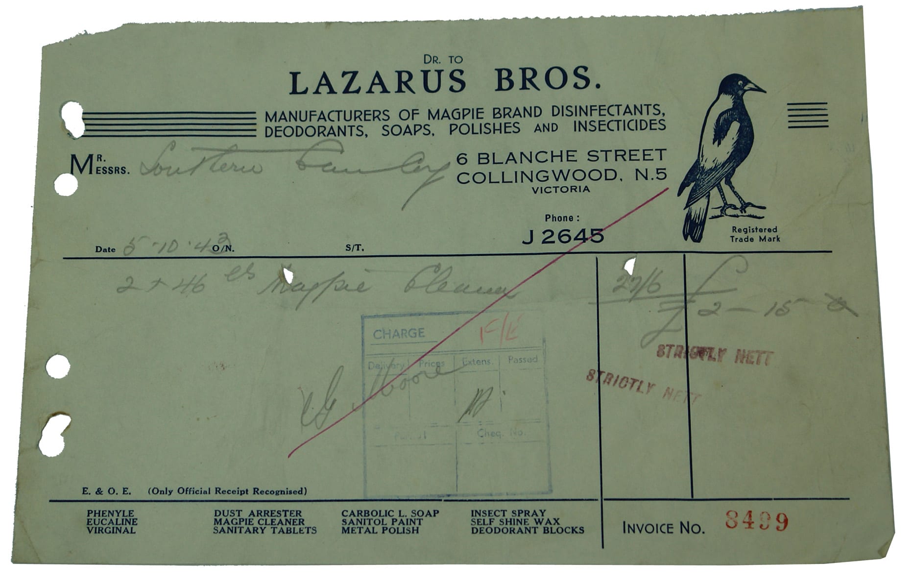 Lazarus Bros Collingwood Magpie Letterhead Ephemera