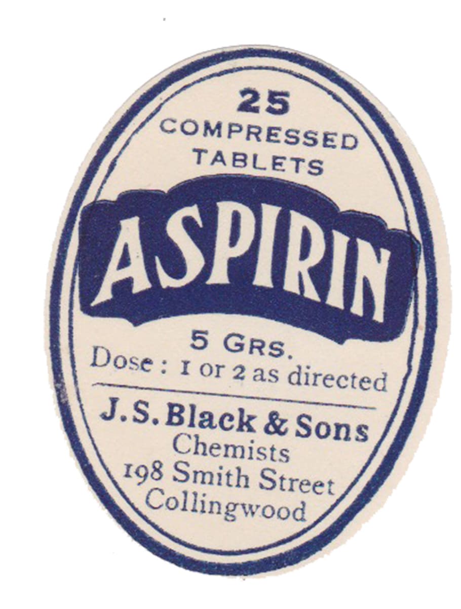 Black Collingwood Chemists Aspirin Label