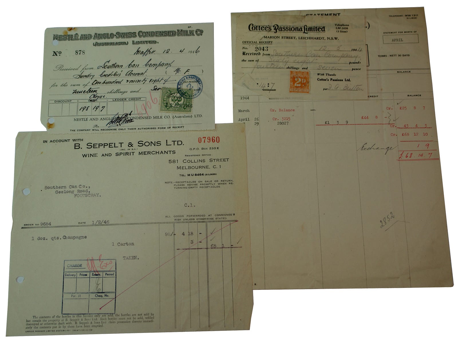 Nestle's Seppelt Cottee Passiona Invoices Ephemera