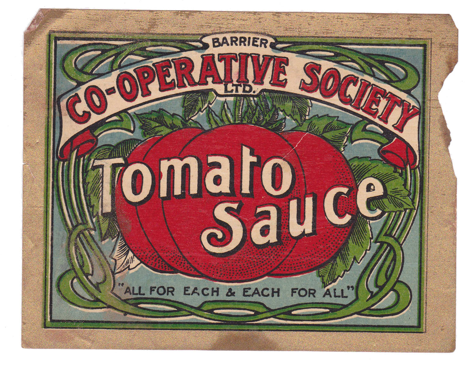 Barrier Co-operative Society Tomato Sauce Label