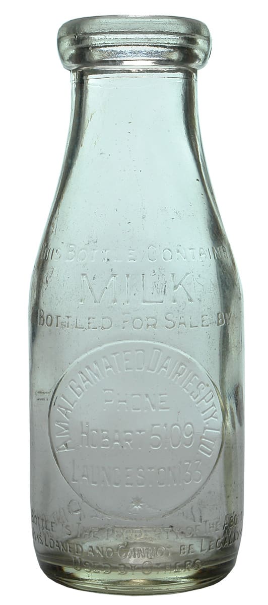 Amalgamated Dairies Hobart Launceston Milk Bottle