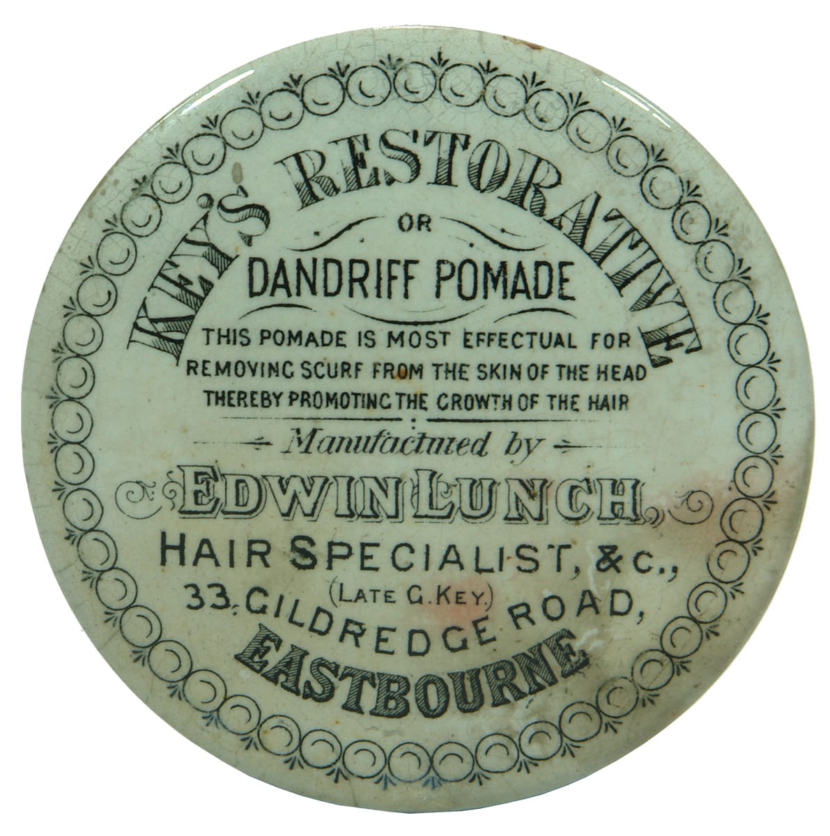 Key's Restorative Dandriff Pomade Eastbourne Pot Lid