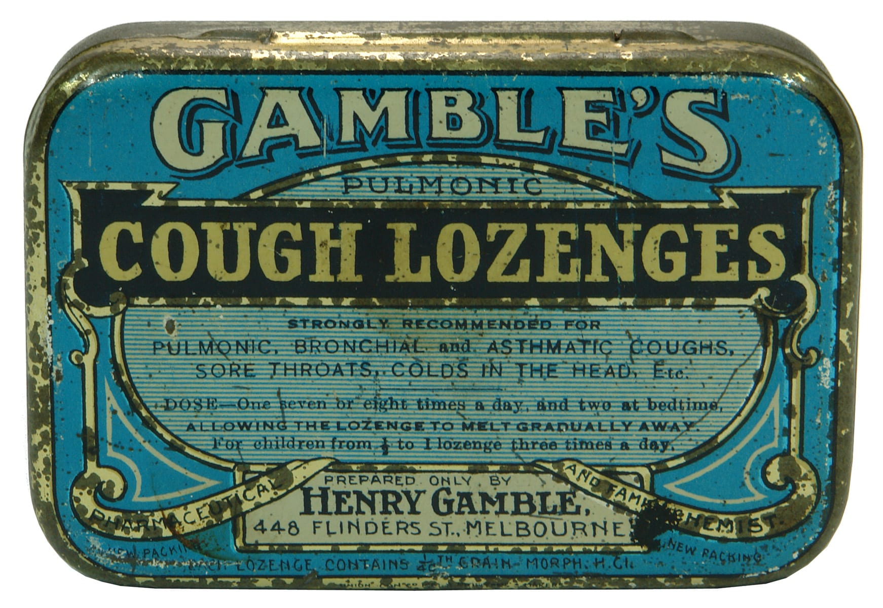 Gamble's Pulmonic Cough Lozenges Melbourne Pharmaceutical Tin