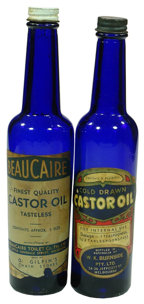 Beaucaire Burnsides Gilpins Blue Labelled Castor Oils Bottles