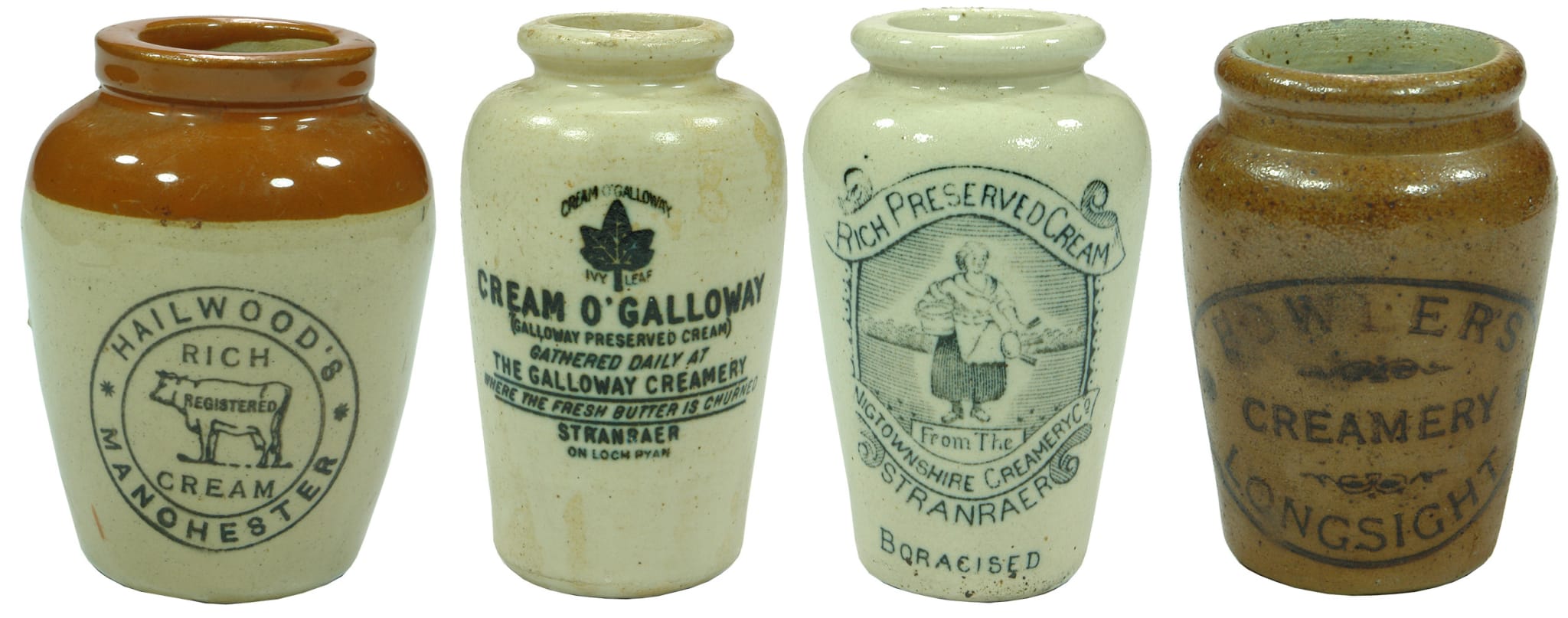 Hailwood's Galloway Wigtownshire Bowler's Cream Stoneware Jars