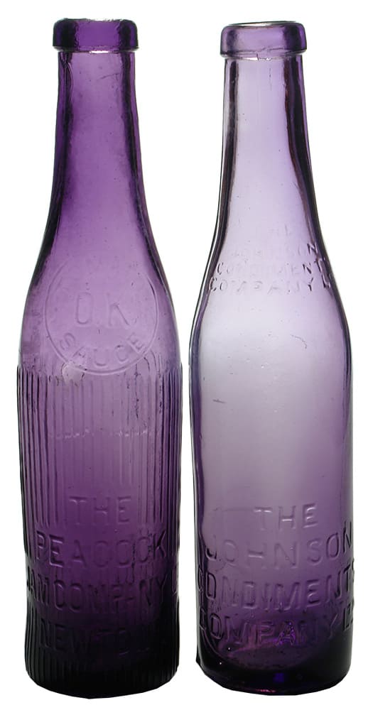 Peacock Johnson Condiment Purple Glass Sauce Bottles