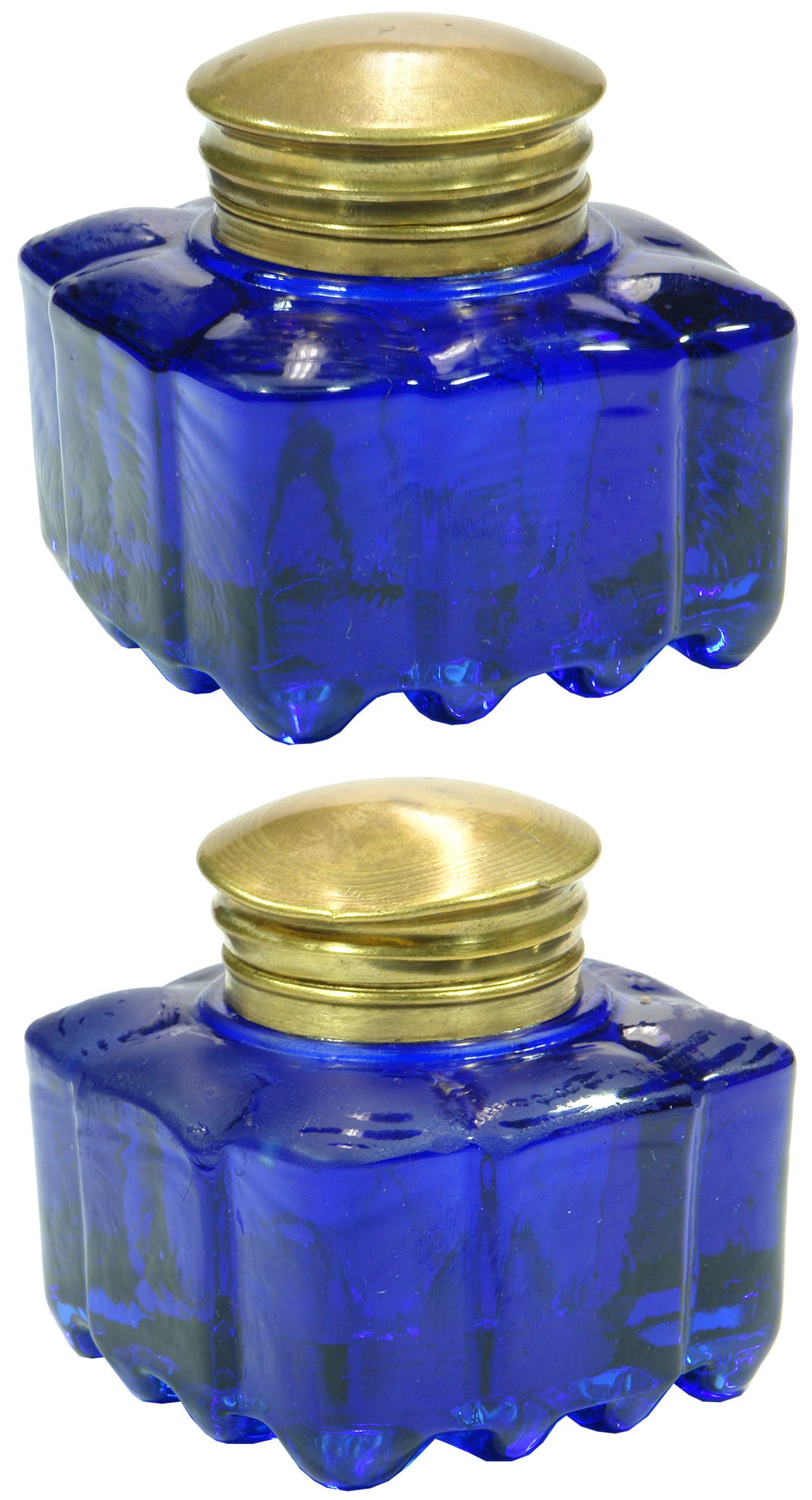 Cobalt Blue Glass Brass Lid Inkwells