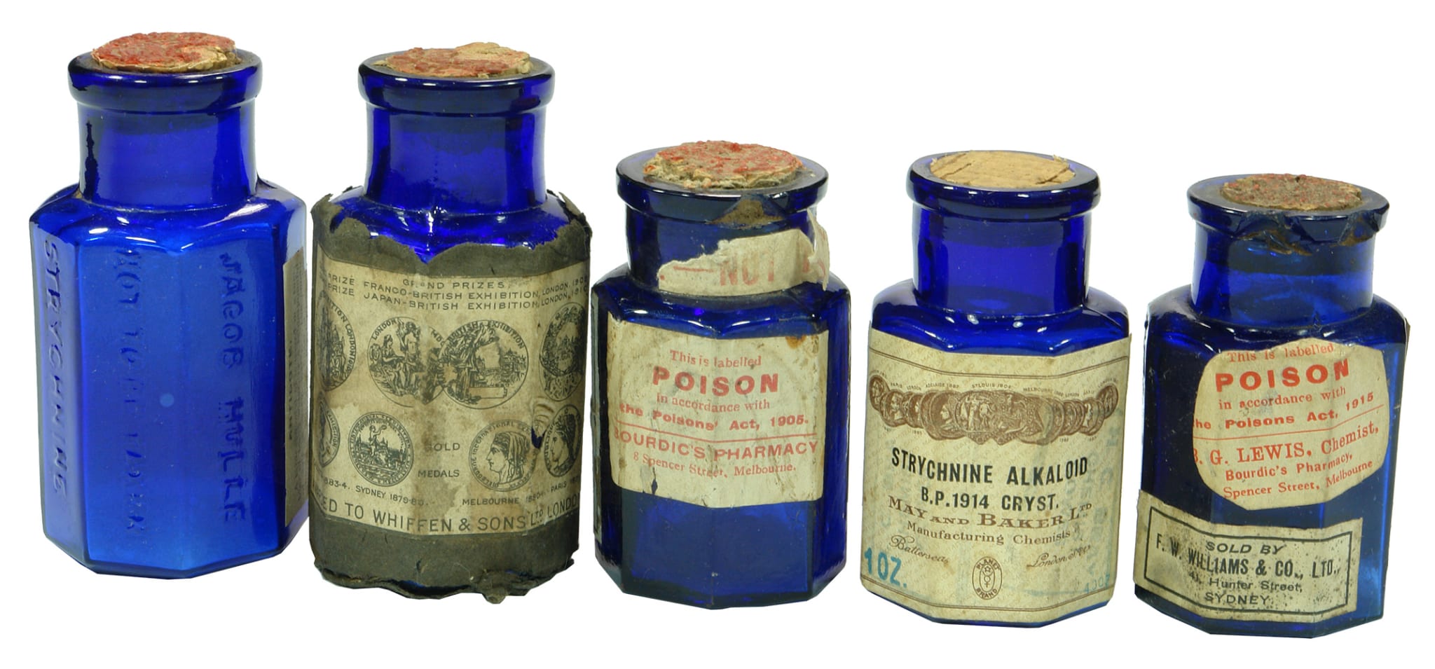 Cobalt Blue Glass Labelled Strychnine Bottles