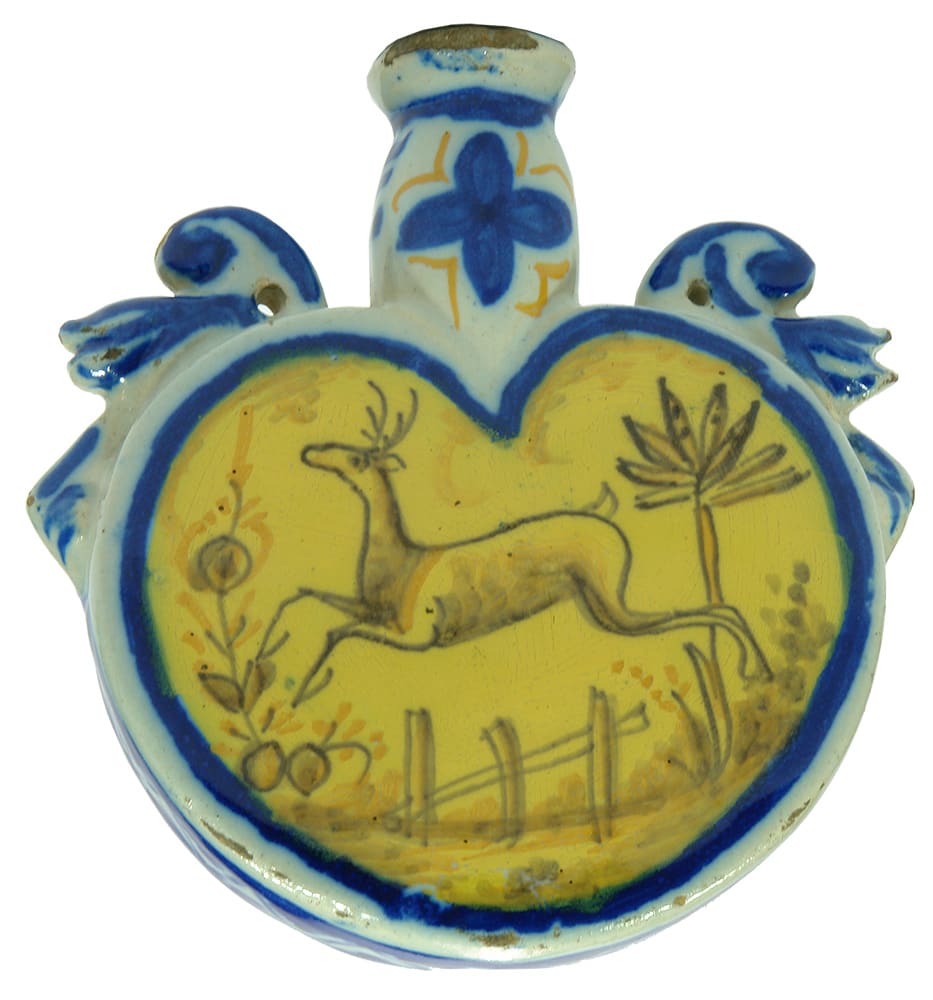 Spanish Italian Majolica Bull Deer Ceramic Flask