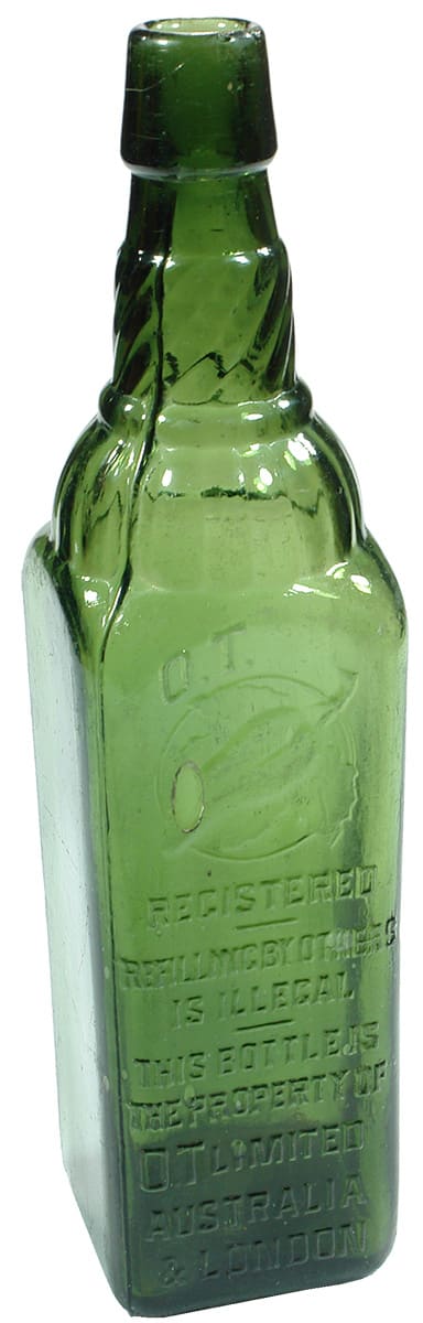 OT Limited Australia London Green Glass Cordial Bottle