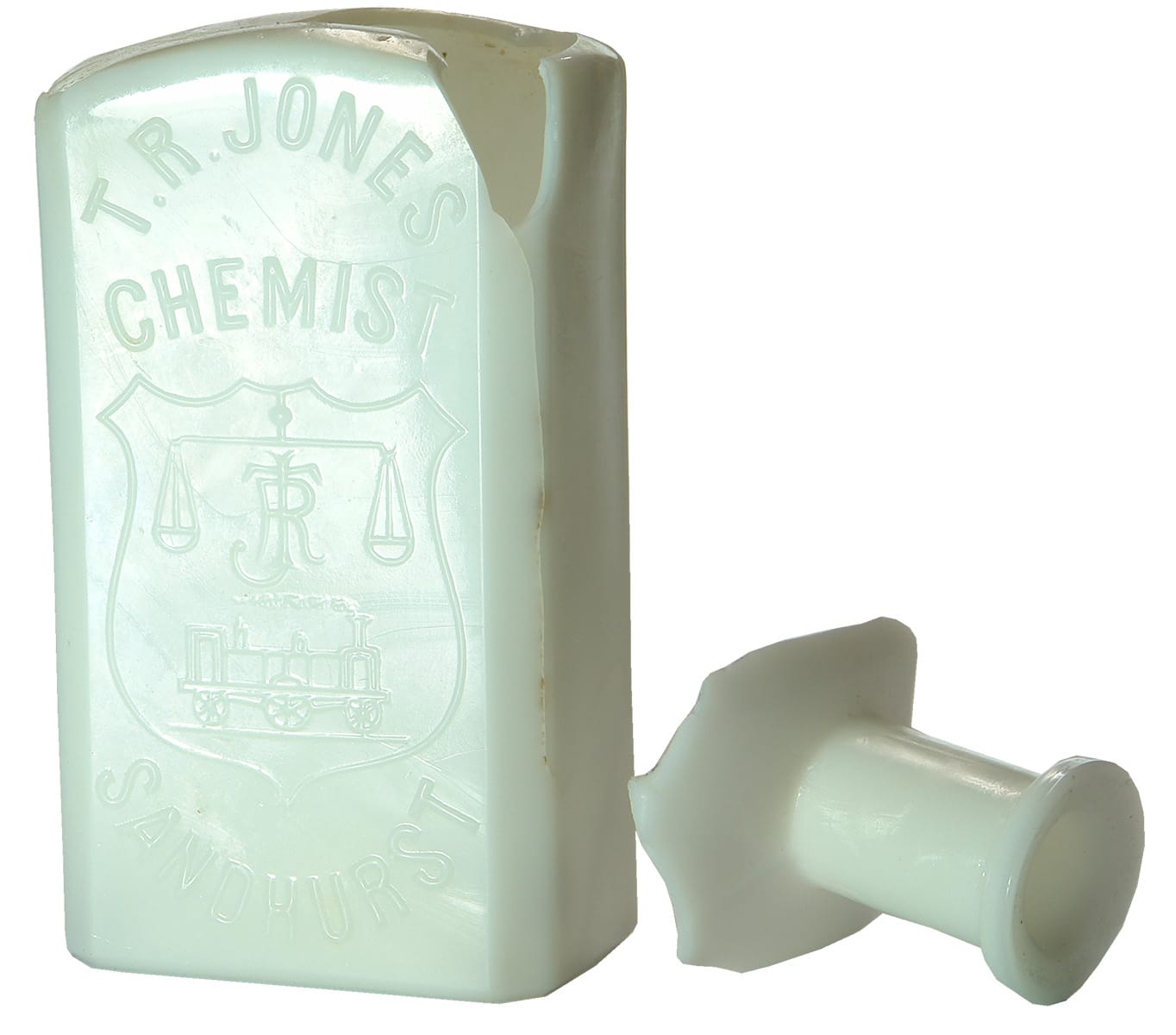 Jones Bendigo Train Milk Glass Chemist Bottle