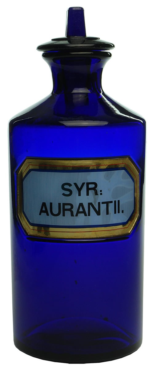 Syr Aurantii Cobalt Blue Underglass Pharmacy Bottle