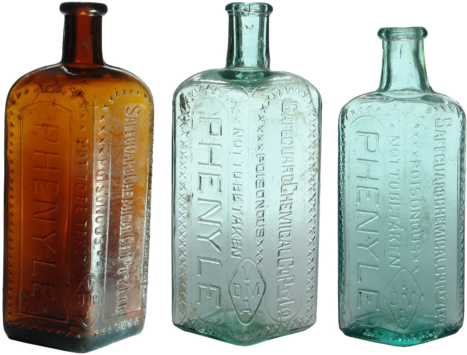 Collection Old Phenyle Poison Bottles