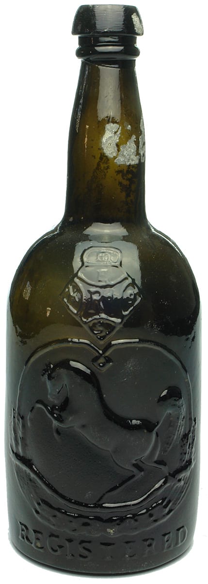 Registered Rearing Horse Black Glass Ale Porter Bottle