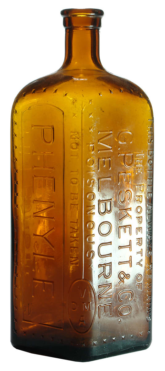 Peskett Melbourne Amber Glass Phenyle Poison Bottle