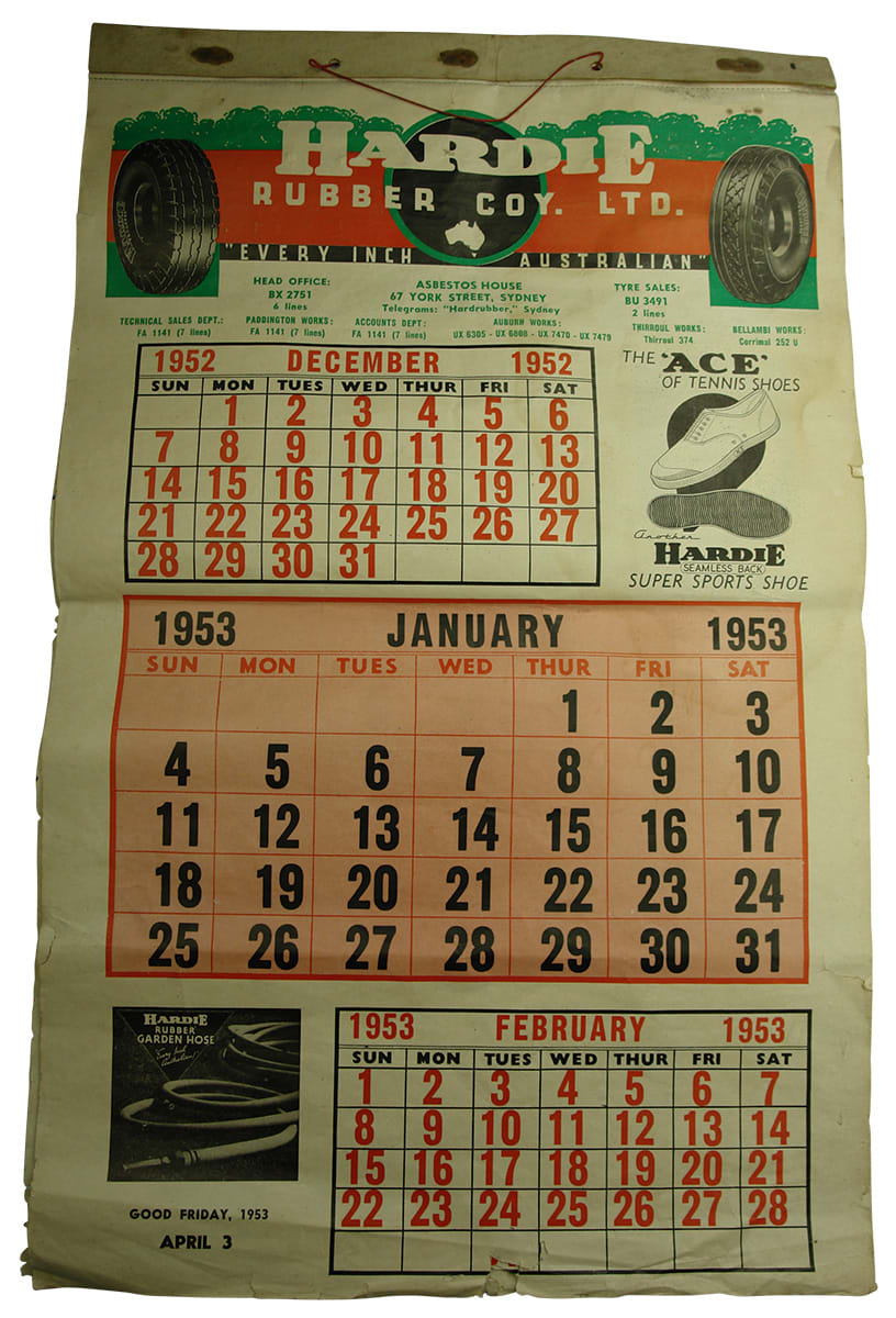 1953 Hardie Rubber Calendar Ephemera
