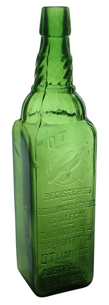 OT Australia London Green Glass Cordial Bottle