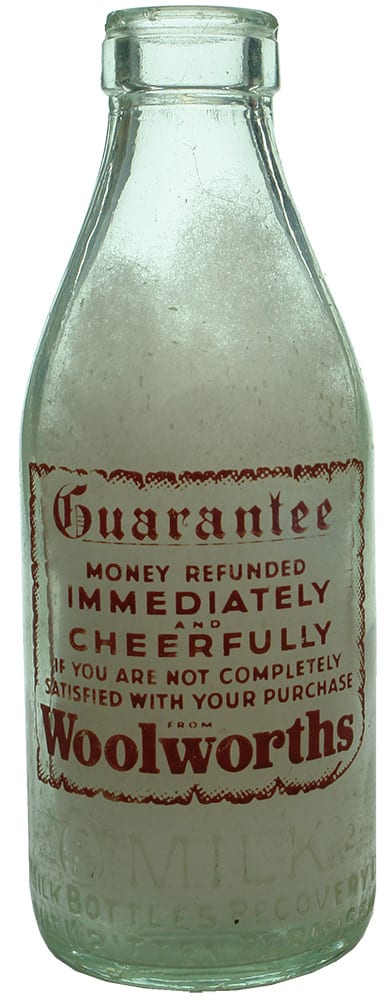 Woolworths Money Guaranteed Advertising Milk Bottle