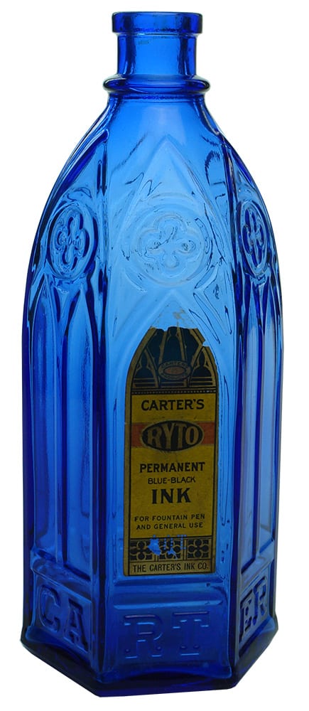 Carter's Cathedral Labelled Cobalt Blue Ink Bottle